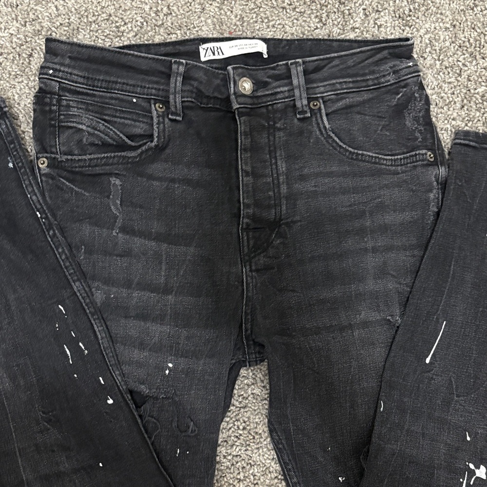 ZARA MAN Black Distressed Paint Splatter Skinny Jeans – Size 30